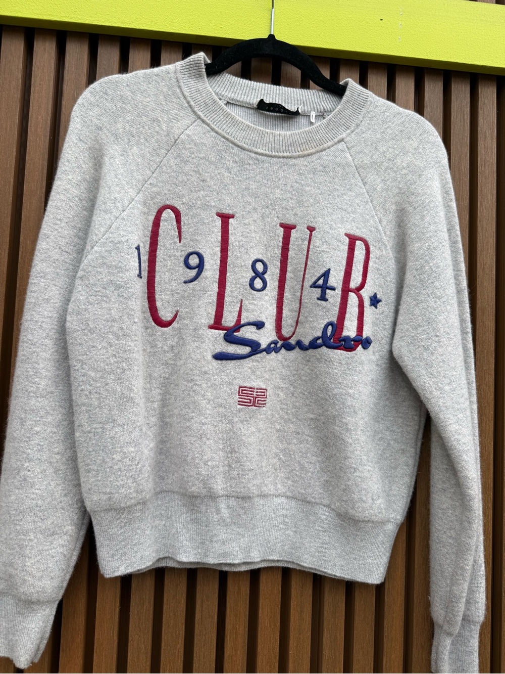 Sandro Light Gray Crewneck Sweater with Red & Navy Embroidery